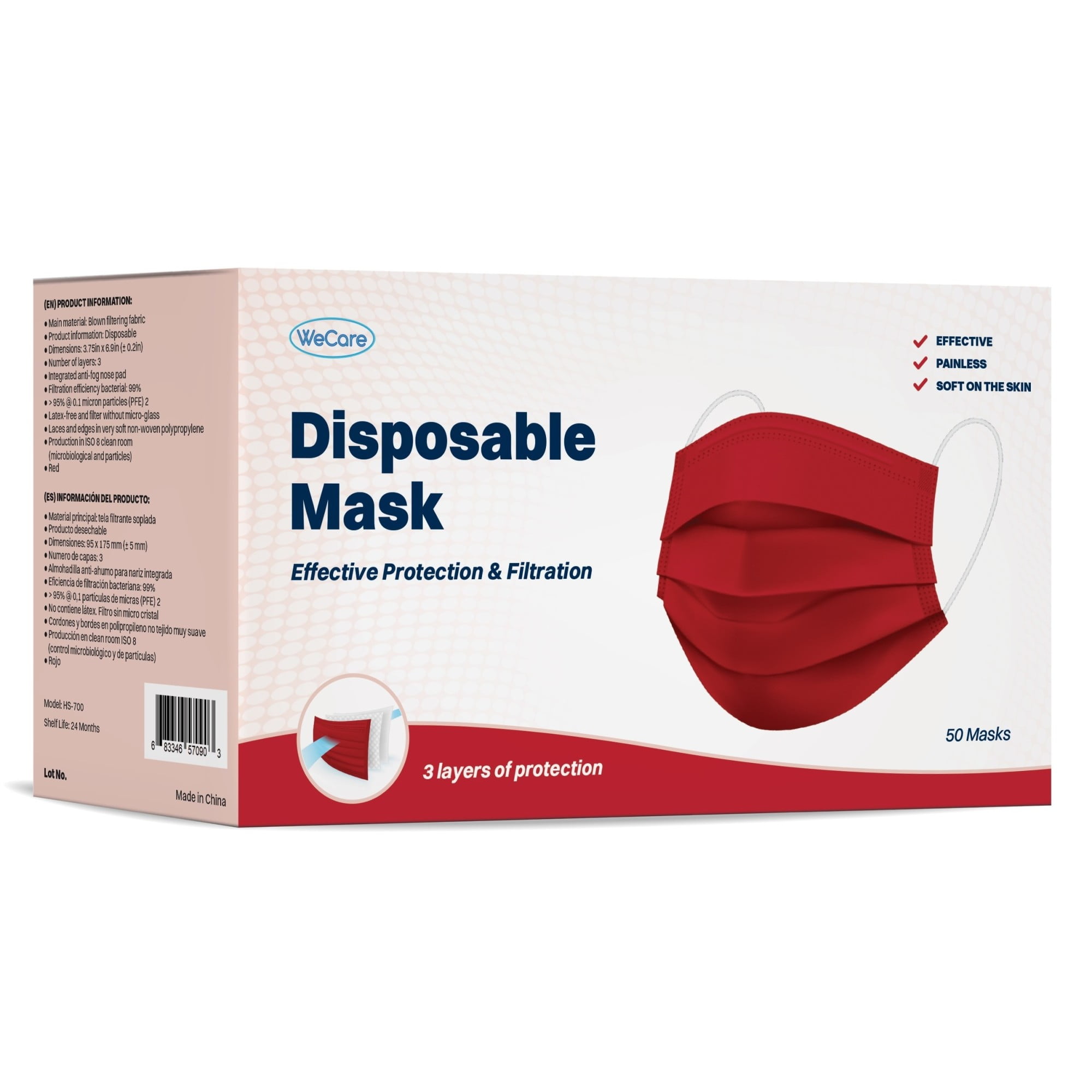 Disposable Face Masks 3-Ply Individually Wrapped , 50ct - Red