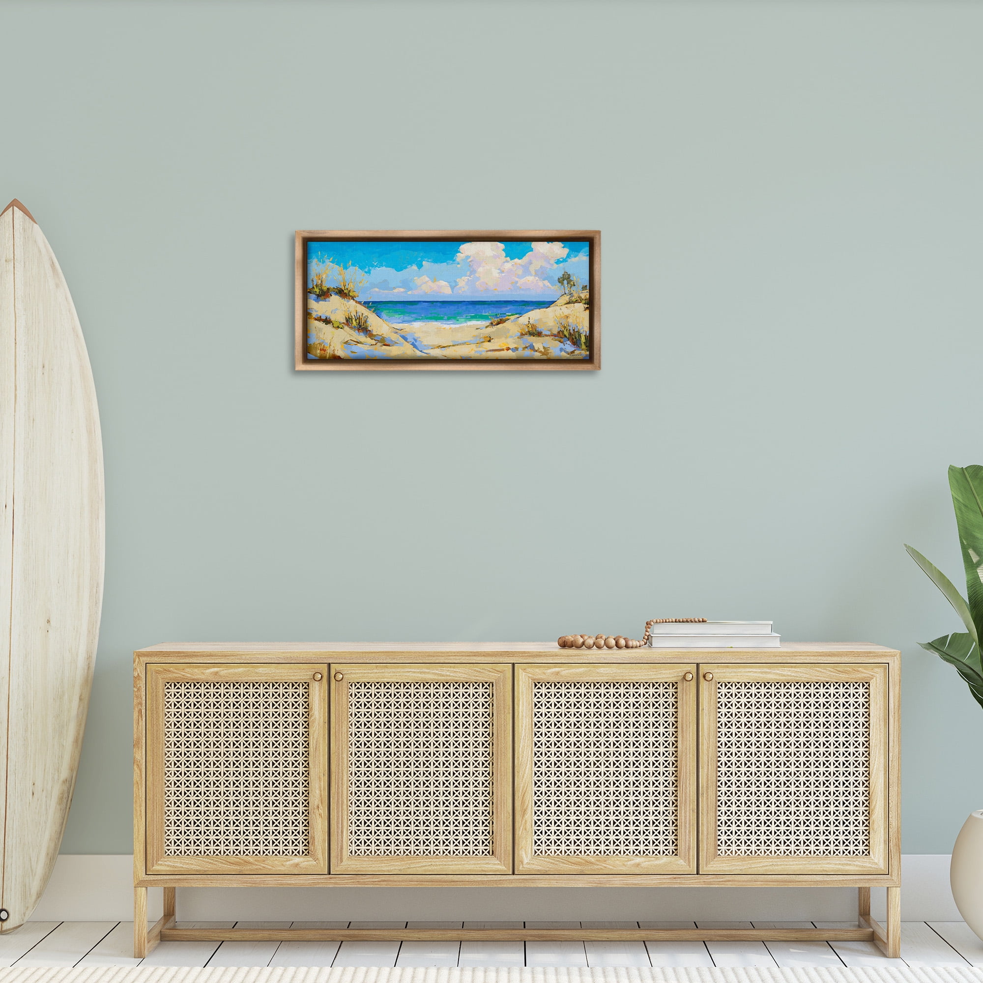 Stupell Industries Cloudy Beach Painting Landscape Painting Brown Floater Framed Canvas Art Print Wall Art, 31 x 14