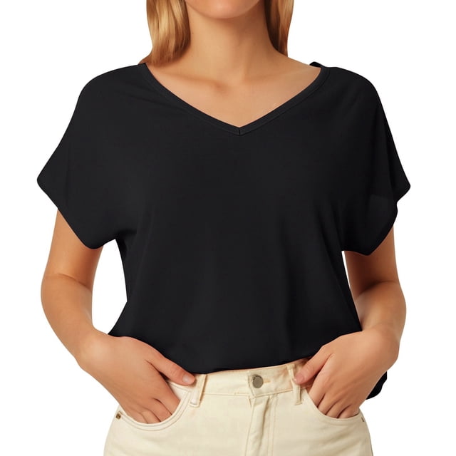 Top informal de manga corta y cuello en V para mujer, de color liso, con diseño de botones en la parte delantera, poliéster y spandex, tallas S-XL