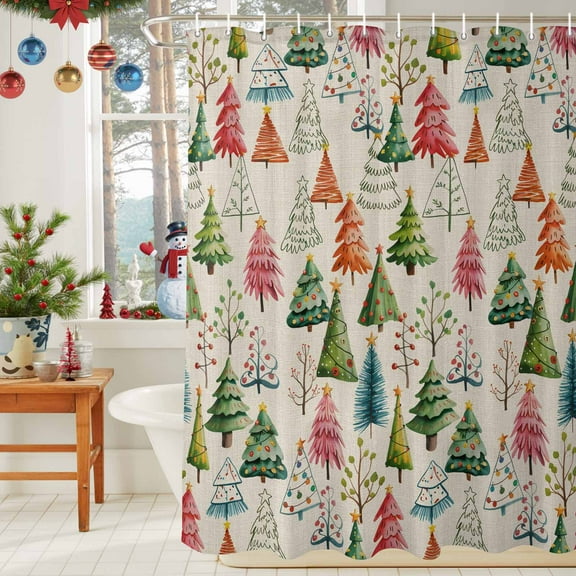 Shower Curtain Bathroom Set Vintage Christmas Tree Waterproof Fabric Shower Curtains with Grommets&Hooks Winter Plant on Linen Privacy Bath Curtain for Bathtub 36x72in