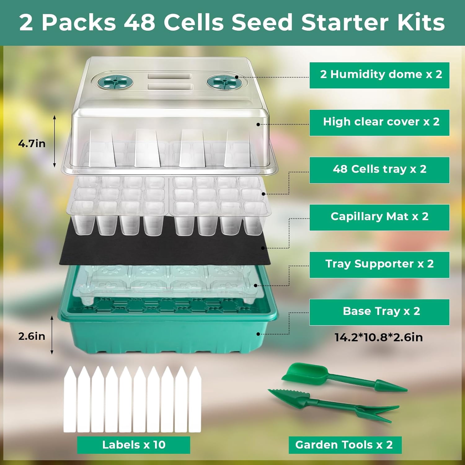 Self-Watering Seed Starter Tray, Seed Starter Kit with Humidity Vented Domes and Lid for Indoor Greenhouse