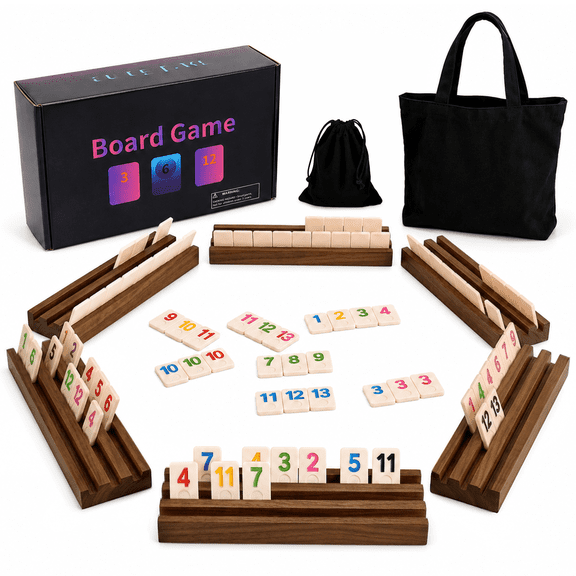 HOROW Rummy Cube Board Game, Equipped with 160 Rummy Tiles, 6 Wooden Tile Racks, Drawstring Storage Bag, Handbag