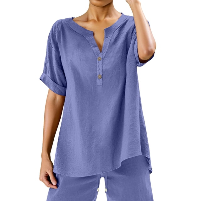 Womens Loose Buttons Down Blouse Tops Solid Casual Short Sleeve Shirt Blouse