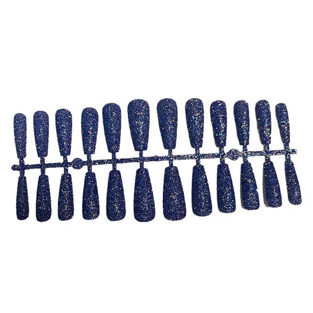24 Pieces False Nails Glitter Shimmering Powder Full Cover Artificial Tips Simple Operation Fingernail Decal DIY Accessory dark blue