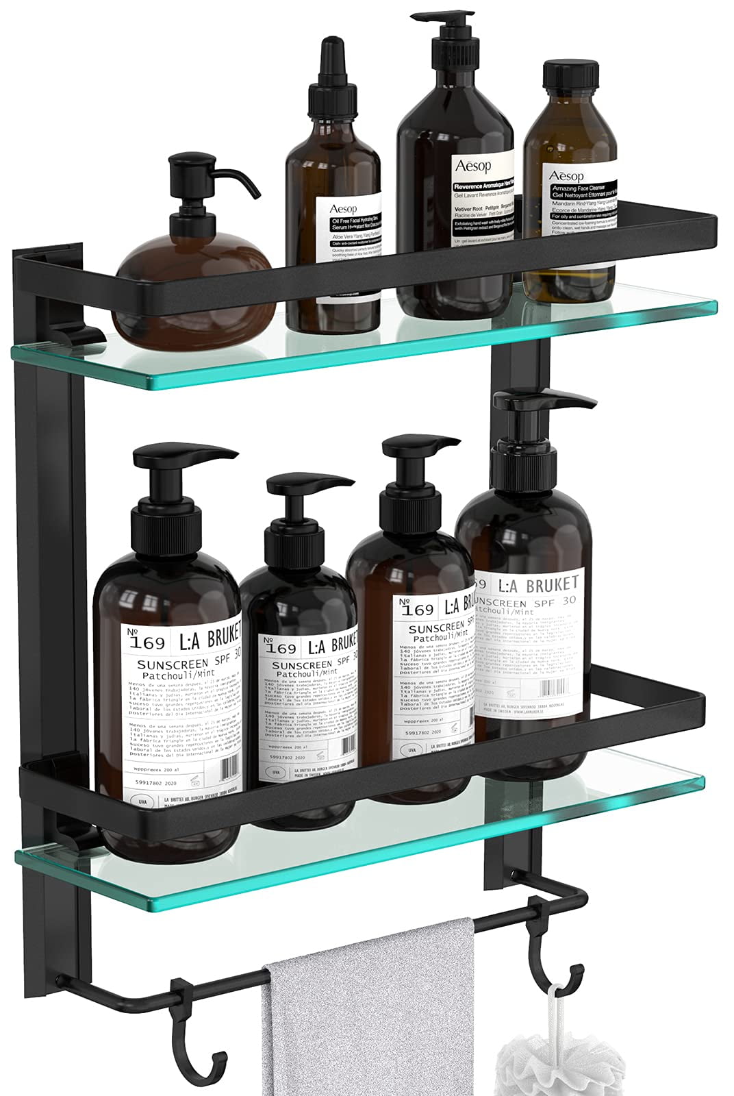 Tempered Glass Bathroom Shelf, 2 Tier Shelf With Towel Bar Wall Mounted
