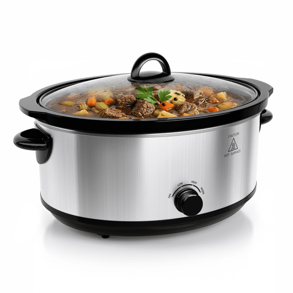 WHALLSE 7QT Slow Cooker, Stoneware Crock with Removable Pot, 3 Heat Settings, Non-Stick , Stainless Steel