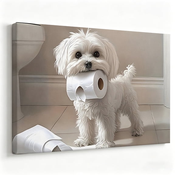 Cute White Puppy with Toilet Paper Canvas Wall Art Funny Maltese Dog Painting Bathroom Decor Poster Living Room Bedroom Print Ready to Hang 8*12
