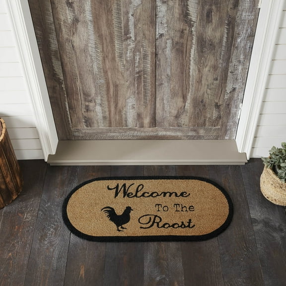 VHC Brands Coir Welcome Door Mat, Entry Rug, with PVC Backing, for Indoor Outdoor Use, Down Home Collection, Oval 17x36 Doormat, Welcome to the Roost, Natural