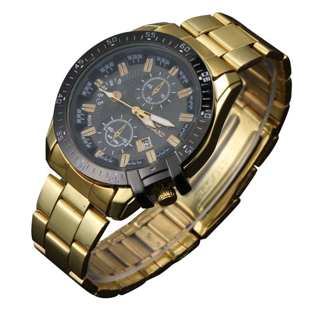 Reloj de pulsera clásico de cuarzo con correa de aleación y esfera redonda para hombre, reloj de pulsera de negocios a la moda (dorado + negro)