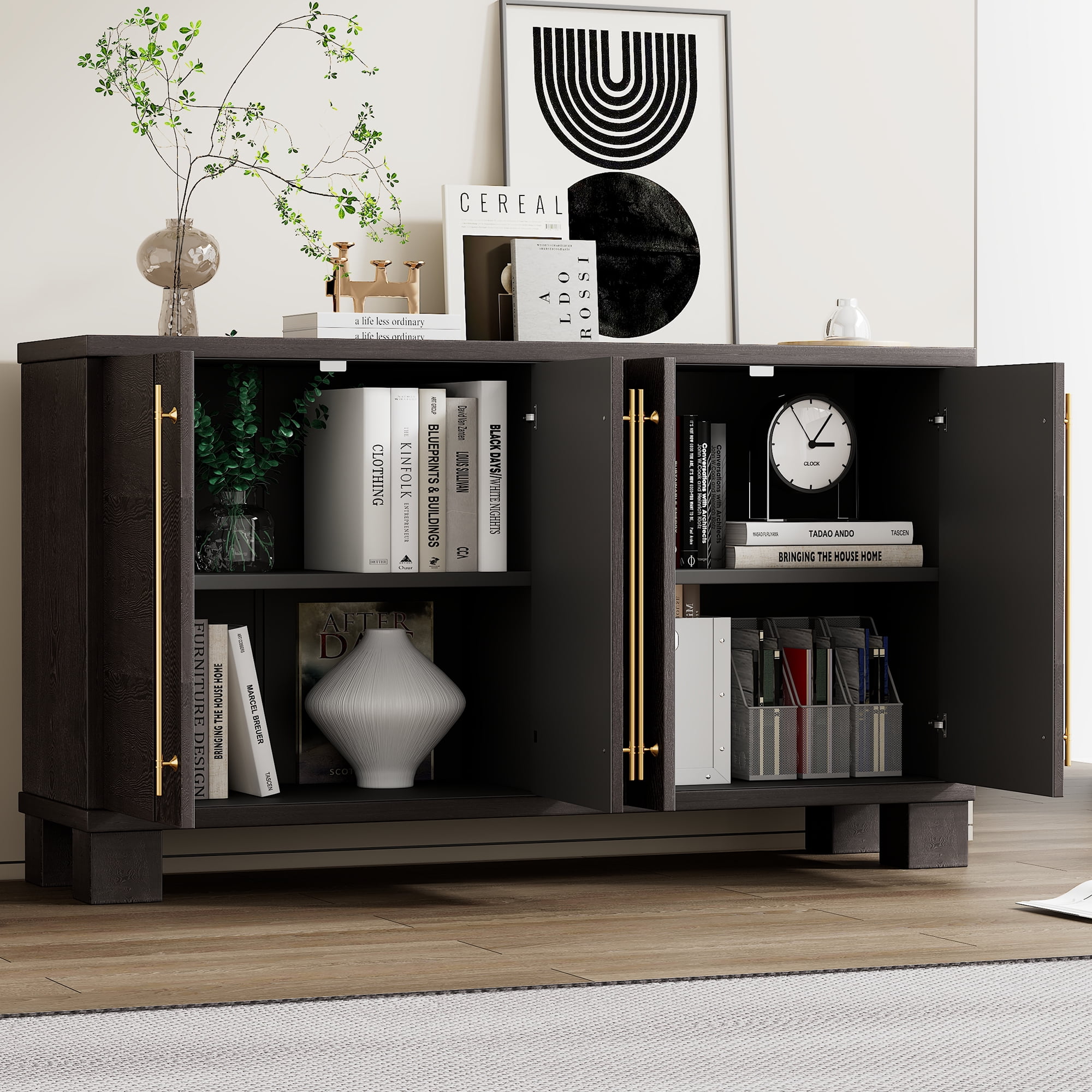 Euroco 60" Sideboard Buffet Cabinet with Storage, Wooden Coffee Bar Cabinet with Gold Handles & Adjustable Shelves for Kitchen, Dining Room and Living Room,Taupe