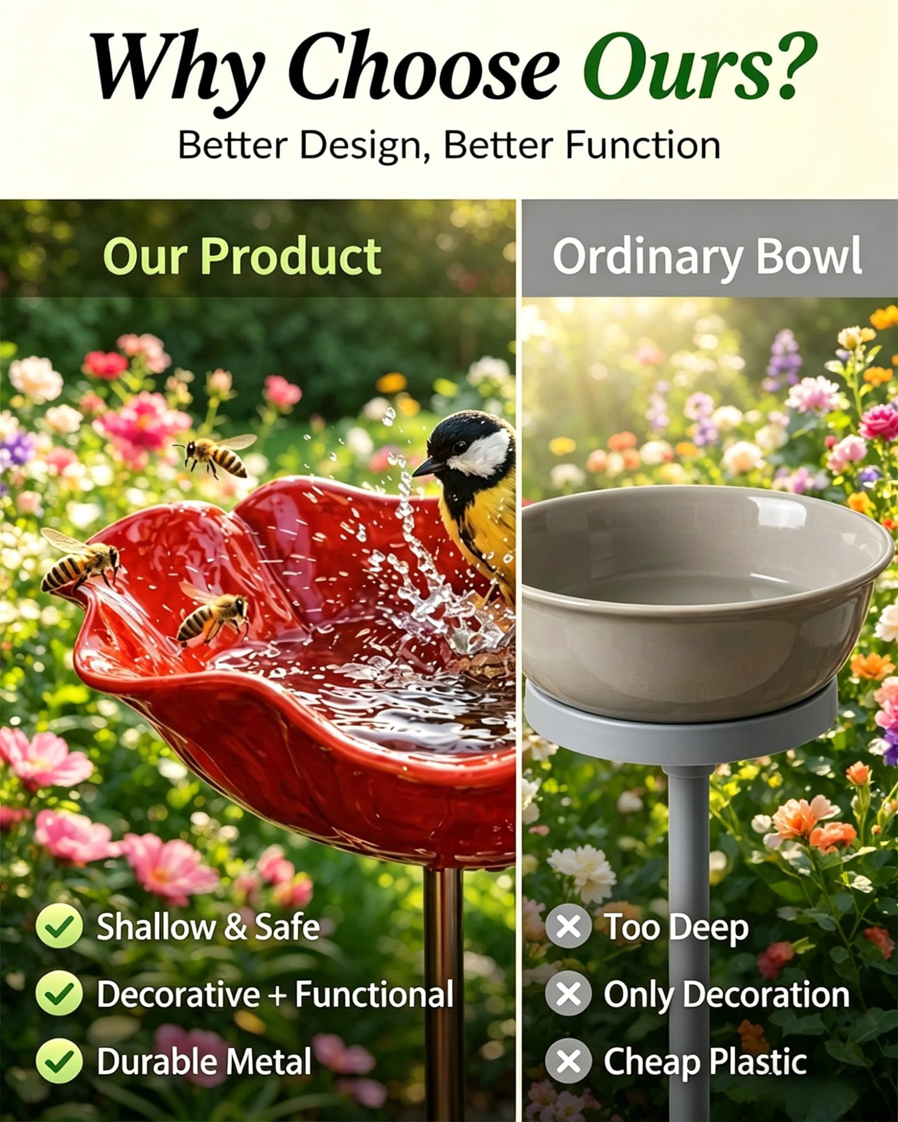 Metal Flower Garden Stakes Bird Bath Handmade, Bee Watering Station, Bees Bath for Garden Metal Bee Water Feeder with Flower Design, Colorful Butterfly Bees Bath Bowl for Outdoor Yard Decor