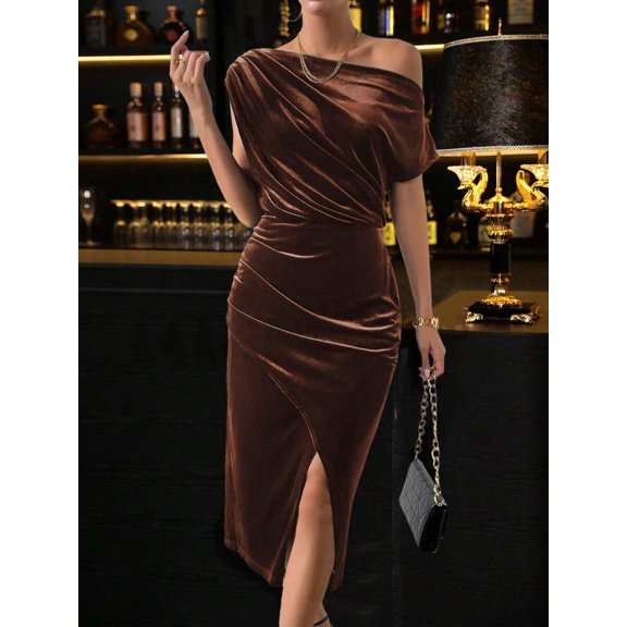 Mocha Brown Womens Mid-Length Off Shoulder Fitted Velvet Dress With Side Slit