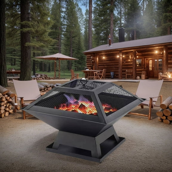 Dranite Fire Pit 19in Fire Pits for Outside Outdoor Fireplace Large Square Wood Burning Fire Pit Heavy Duty for Patio BBQ Camping Bonfire with Spark Screen, Mesh Cover