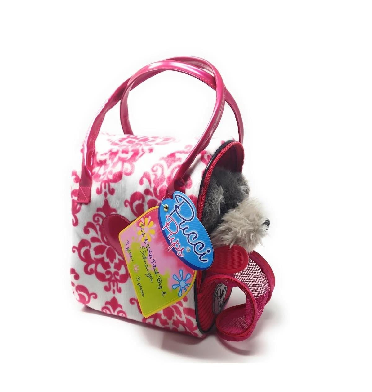 pucci pups pink and white plush bag and schnauzer