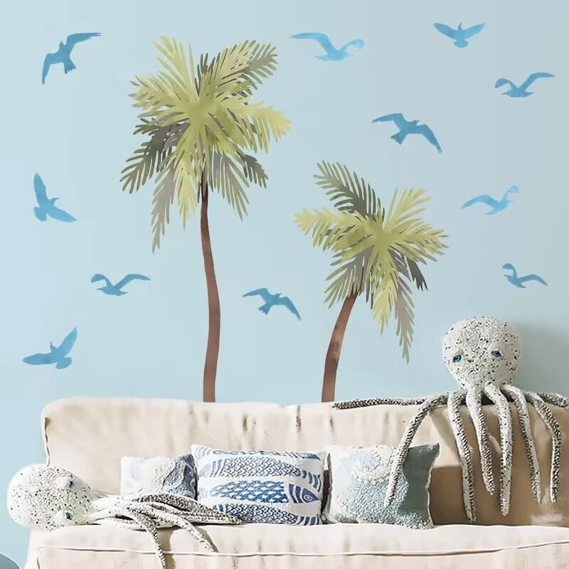 Watercolor coconut tree stickers, plant decals, coconut tree wall stickers, children's room stickers, bathroom waterproof decals, door, living room, TV wall decals Peel and Stick