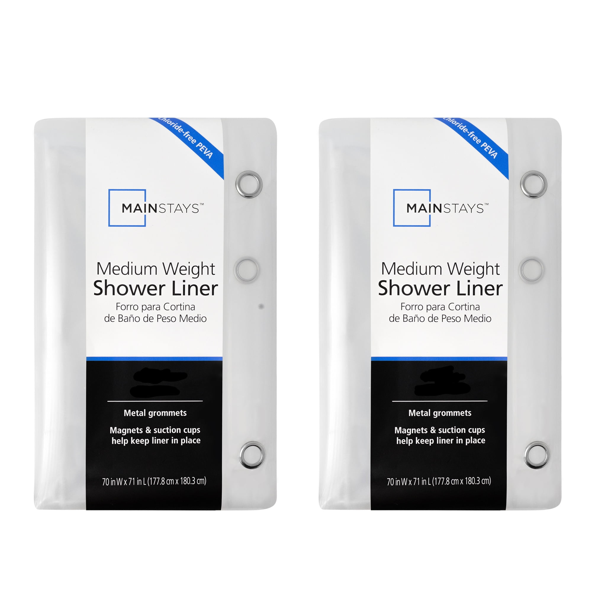 2Pack Bundle Mainstays Medium Weight Shower Curtain Liner, Clear