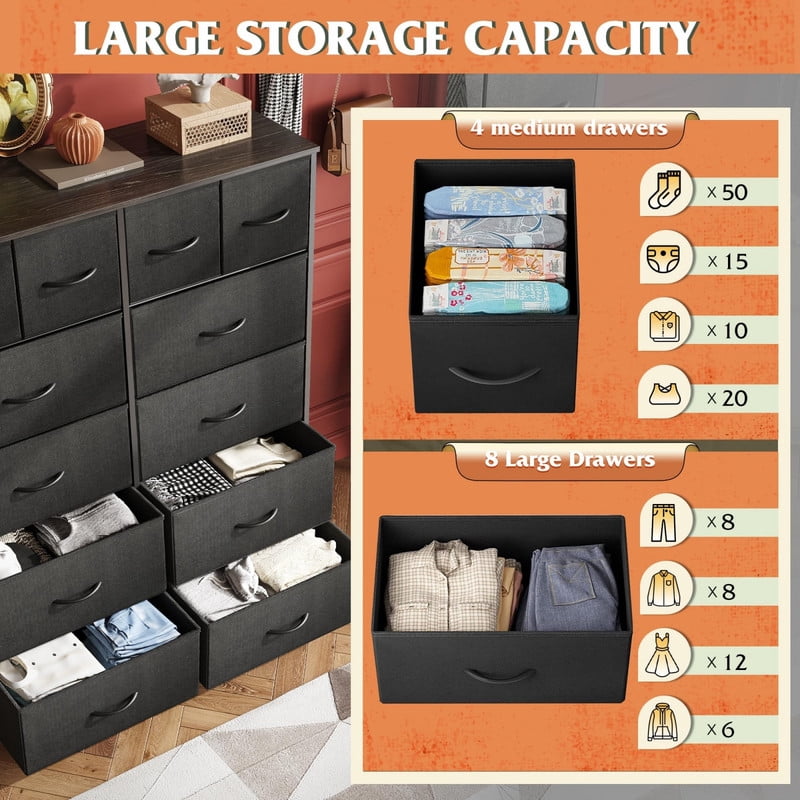 Kelno 12 Drawer Fabric Dresser Storage Tower Sturdy Steel Frame Wood Top Organizer, Black
