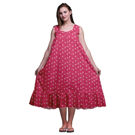 

Bimba Magenta Floral Leaf Cotton Nightgowns For Women Mid-Calf Printed Sleepwear Night Dress Large