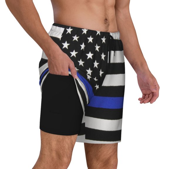 Men's 2 in 1 Swim Trunks with Compression Liner Thin Blue Line Flag Quick Dry Beach Shorts