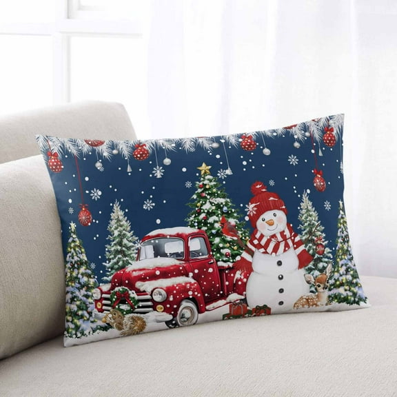 Navy Blue Christmas King Size Pillow Cover, Pillowcase Protectors with Zipper, Breathable Decorative Throw Pillow Case Cover, Xmas Snowman Truck Tree Balls Pillow Shams for Couch Sofa 20x36Inch