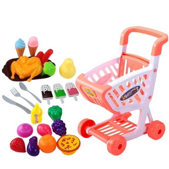 Qocolhg Kids Shopping Cart, Toy Shopping Cart with Play Food Fruit Vegetable Dessert and Shop Accessories, 23 Pcs Pretend Play Grocery Store Toy Kitchen Game Educational Toy for Ages 3-5 Years Olds