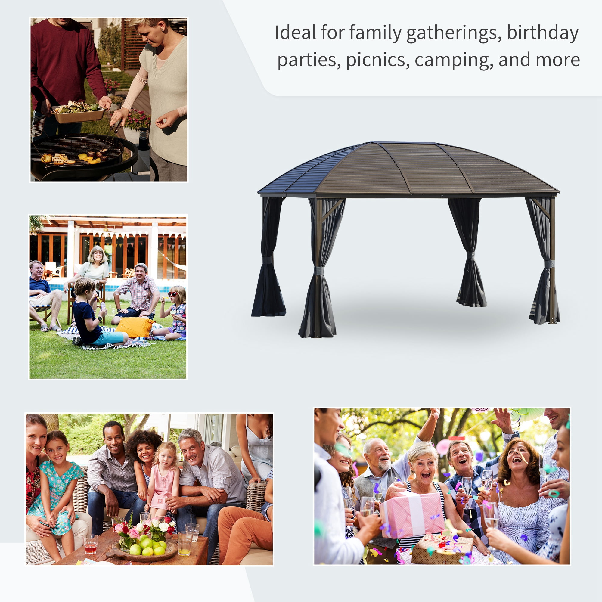 10' x 13' Hardtop Gazebo with Curtains, Netting, Pavilion with Steel Roof Ceiling Hook for Garden Patio, Gray