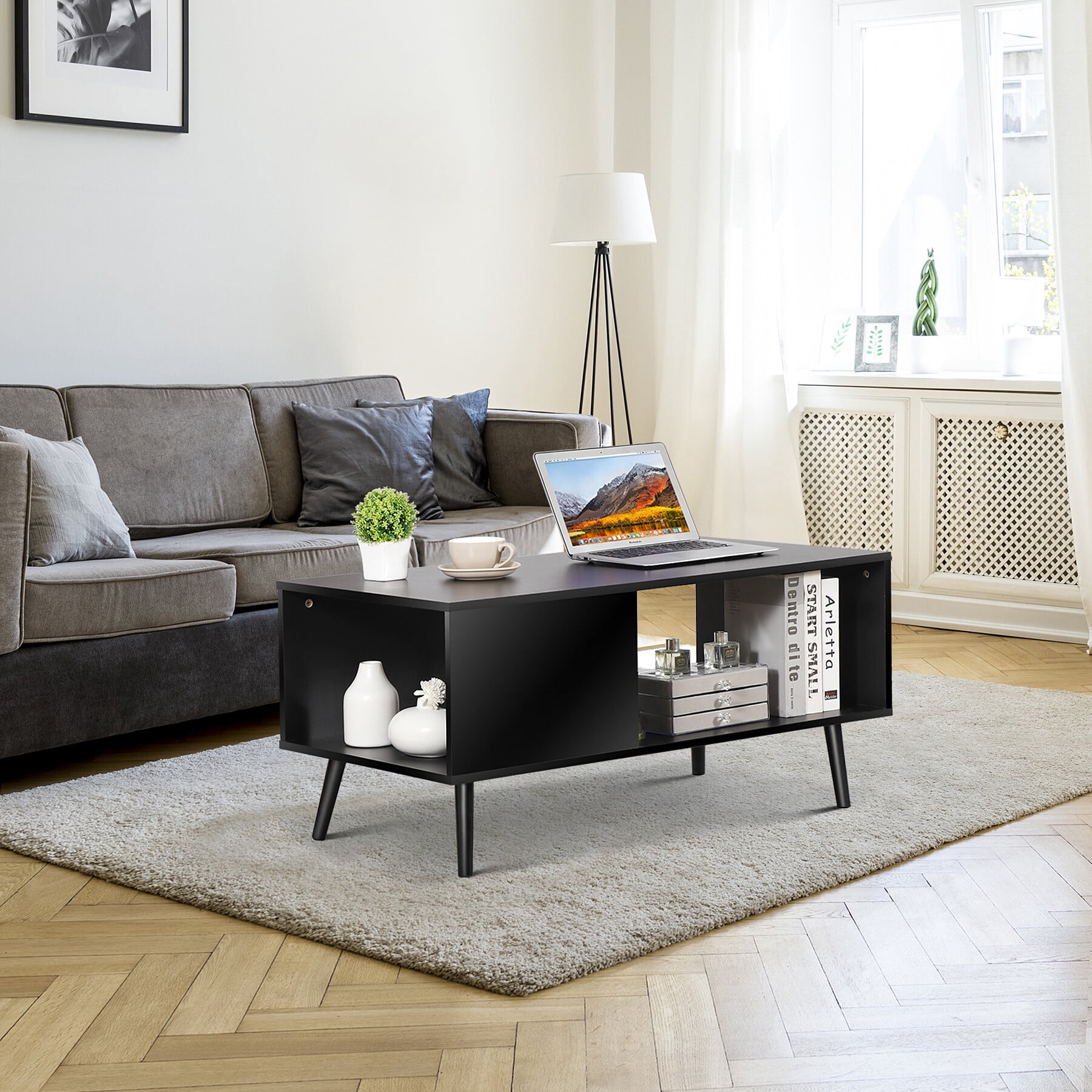 HomGarden Wood Coffee Table, Modern Console Sofa Side Table Cocktail Table Black