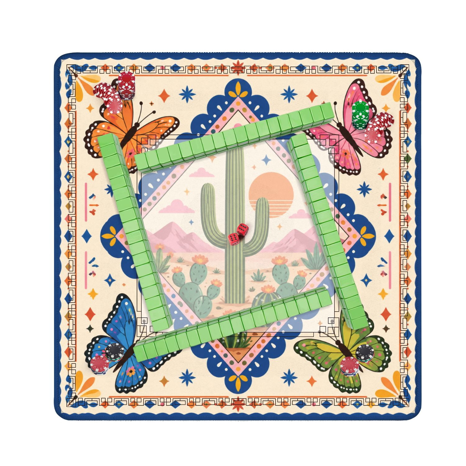Mahjong Mat 31.5" x 31.5" Butterflies Sunset Vibrant Illustrative Style Non-Slip Noise Reduction American Mahjong Tiles Table Cover for Dominoes Poker Card Board Games Gift