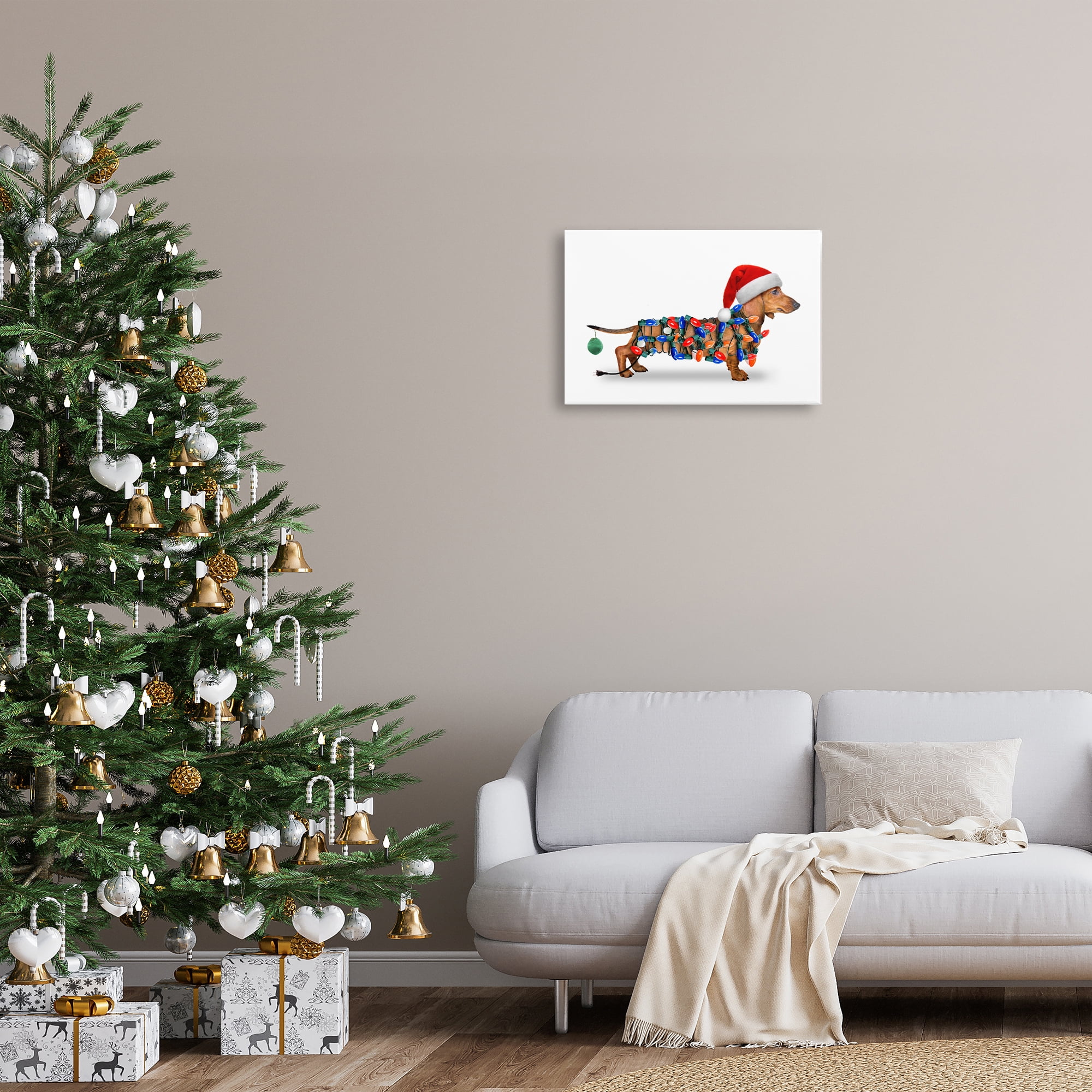 Stupell Industries Christmas Lights Wrapped Dog Holiday Painting Gallery Wrapped Canvas Art Prints Wall Art, 24 x 16