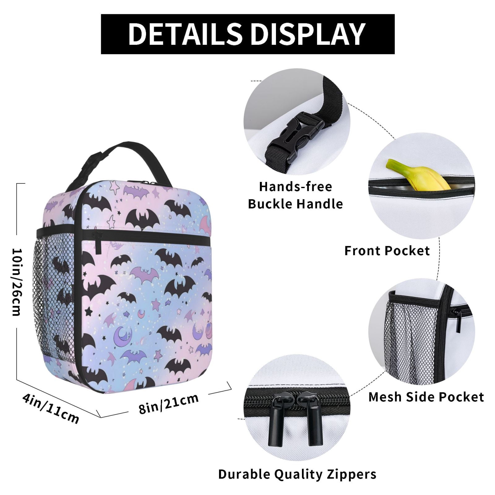 Lunch Bag For Women Men Insulated Portable Lunch Box Bento Box Office Picnic Travel Cooler Bag The Black And Purple Flying Bats In The Sky