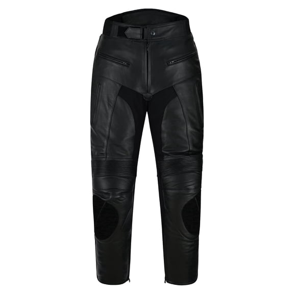 Men’s Genuine Cowhide Leather Motorcycle Pants with Stretch Cordura Panels, Air Vent System, Adjustable Knee & Thigh Armor Pockets, Zipper Leg Openings Black Size 34W-30L Inseam