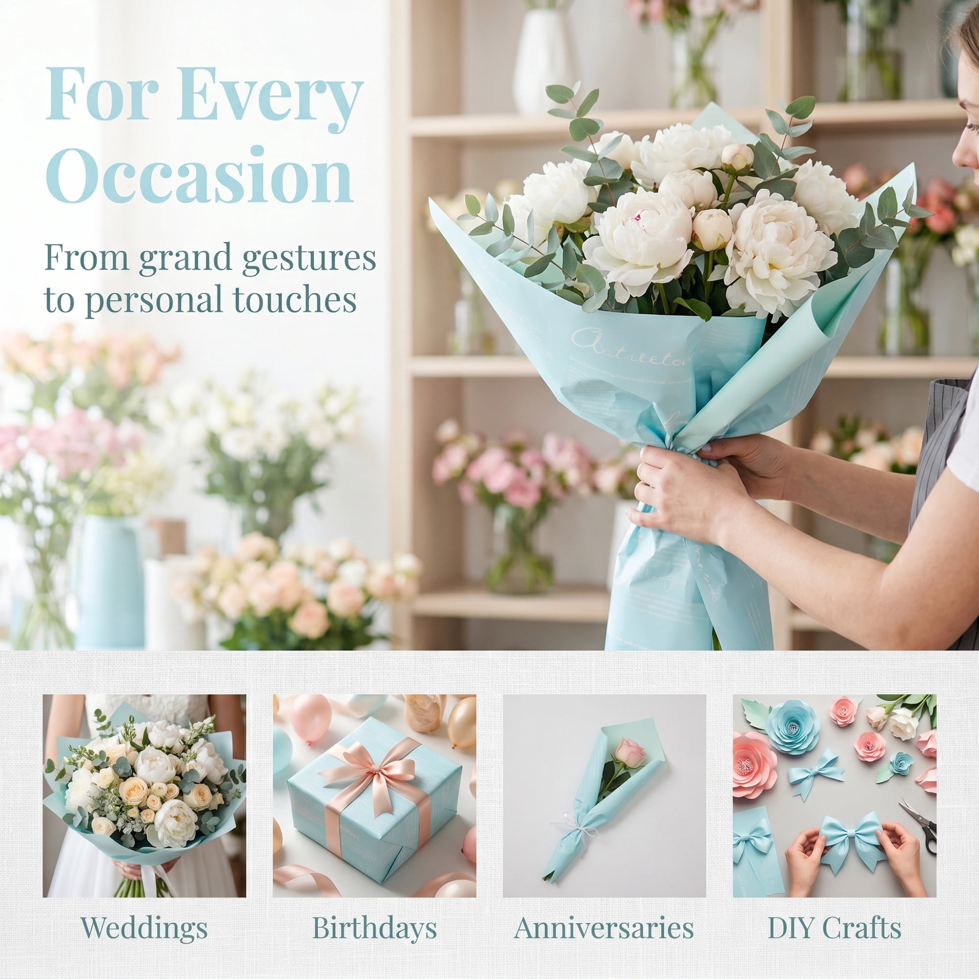 Unique Bargains Waterproof Gift Wrap Paper for Bouquets and Gifts Sky Blue 22.4"x 22.4"