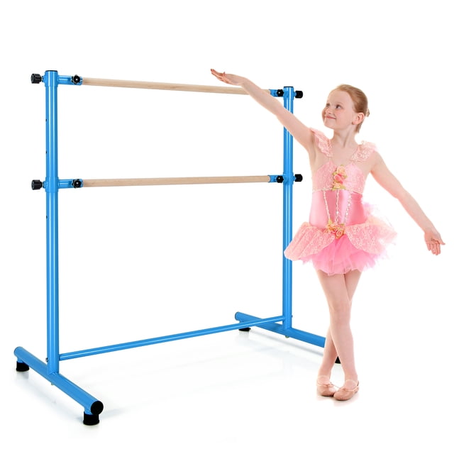 Gymax Portable 4FT Freestanding Double Dancing Ballet Barre Bar w/ 5 Adjustable Heights Blue