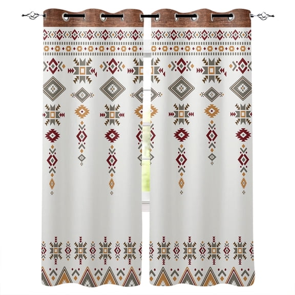 Southwest Geometric Blackout Curtains 45 Inches Long for Bedroom, Western Boho Ethnic Beige Grey Wooden Thermal Insulated Room Darkening Black Out Window Curtain Panels Grommet Drapes for Living Room