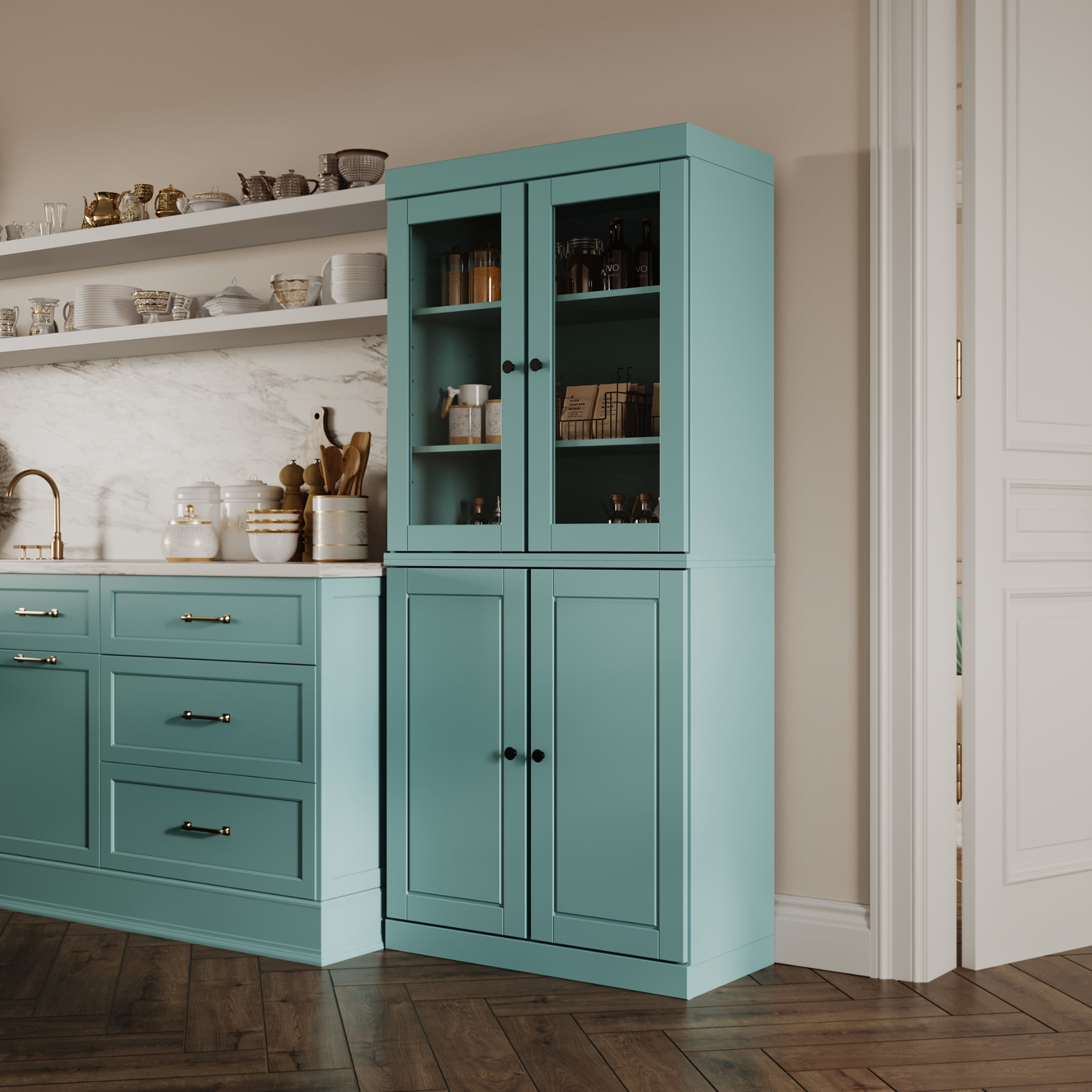 Palace Imports 100% Solid Wood Kitchen Pantry Storage Cabinet with Glass & Raised Panel Doors and Adjustable Shelves, 4-Door, Aqua Blue