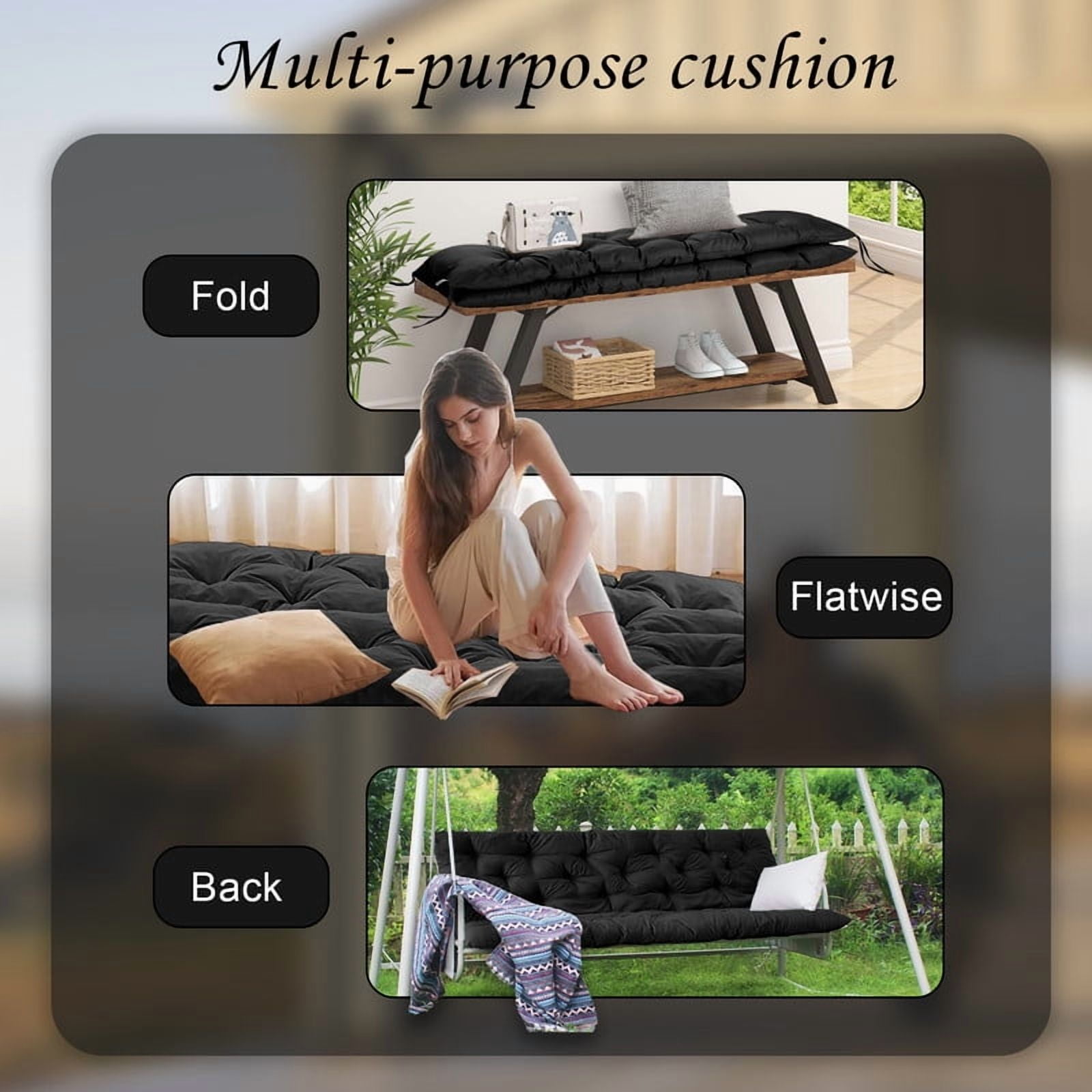 Outdoor Cushions for Patio Furniture, 4" Thick Waterproof Porch Swing Cushions Replacement with Backrest, 2-3 Seater Bench Cushion（Black,40*60in）