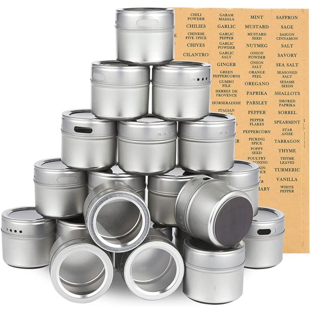20 Pack Magnetic Spice Containers - Storage Tins with Transparent Lids,  Seasoning Organizers, Metal Spice Jars, Includes 94 Labelling Stickers -  Holds ...