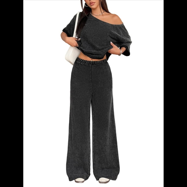 Conjunto de Dos Piezas para Mujer, Ideal para Viajes, Vacaciones, Cómodo, de Pierna , para el Aeropuerto Negro L