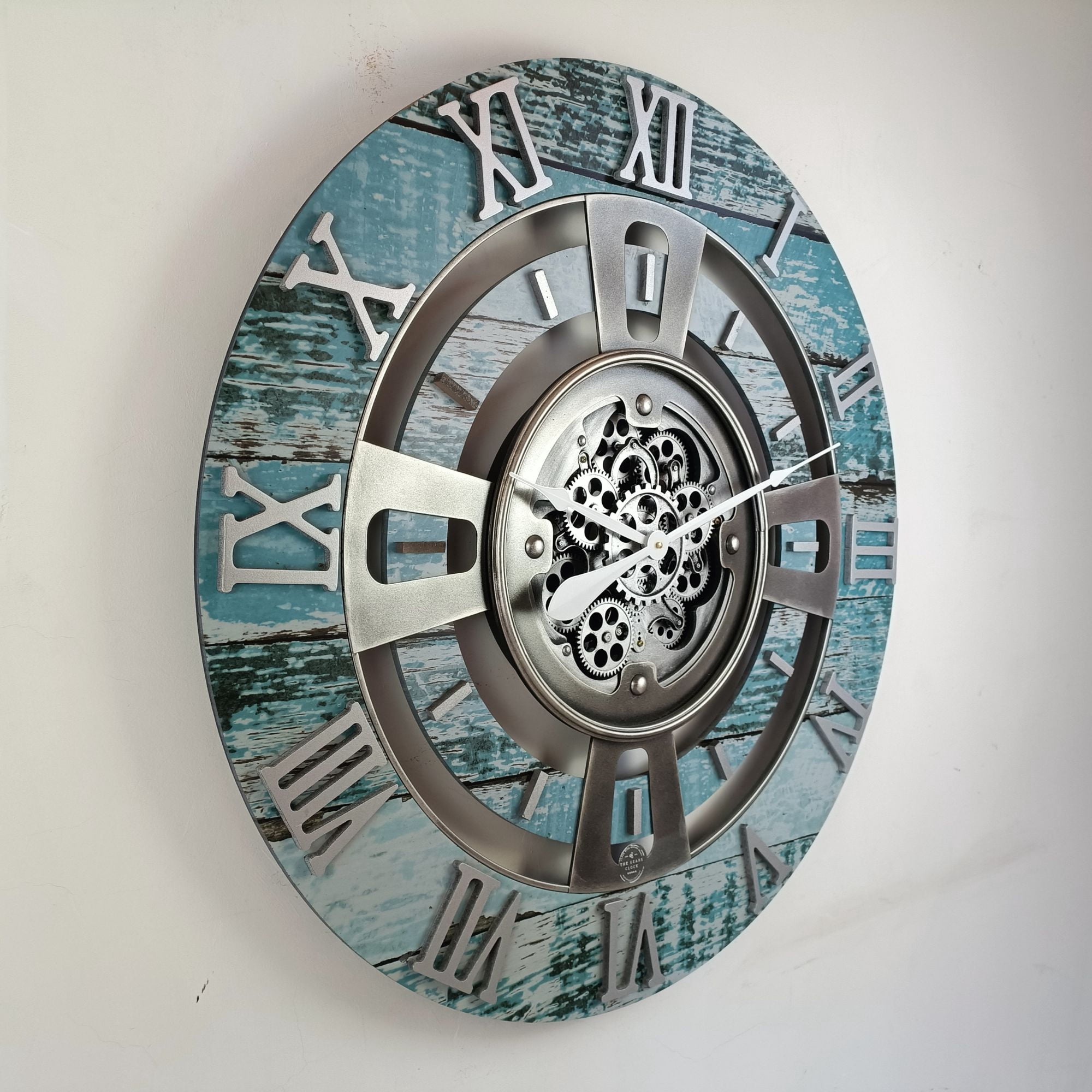 THE GEARS CLOCK Wall Clock with Real Moving Gears EN-LI_ 24 in Round Aqua-Green
