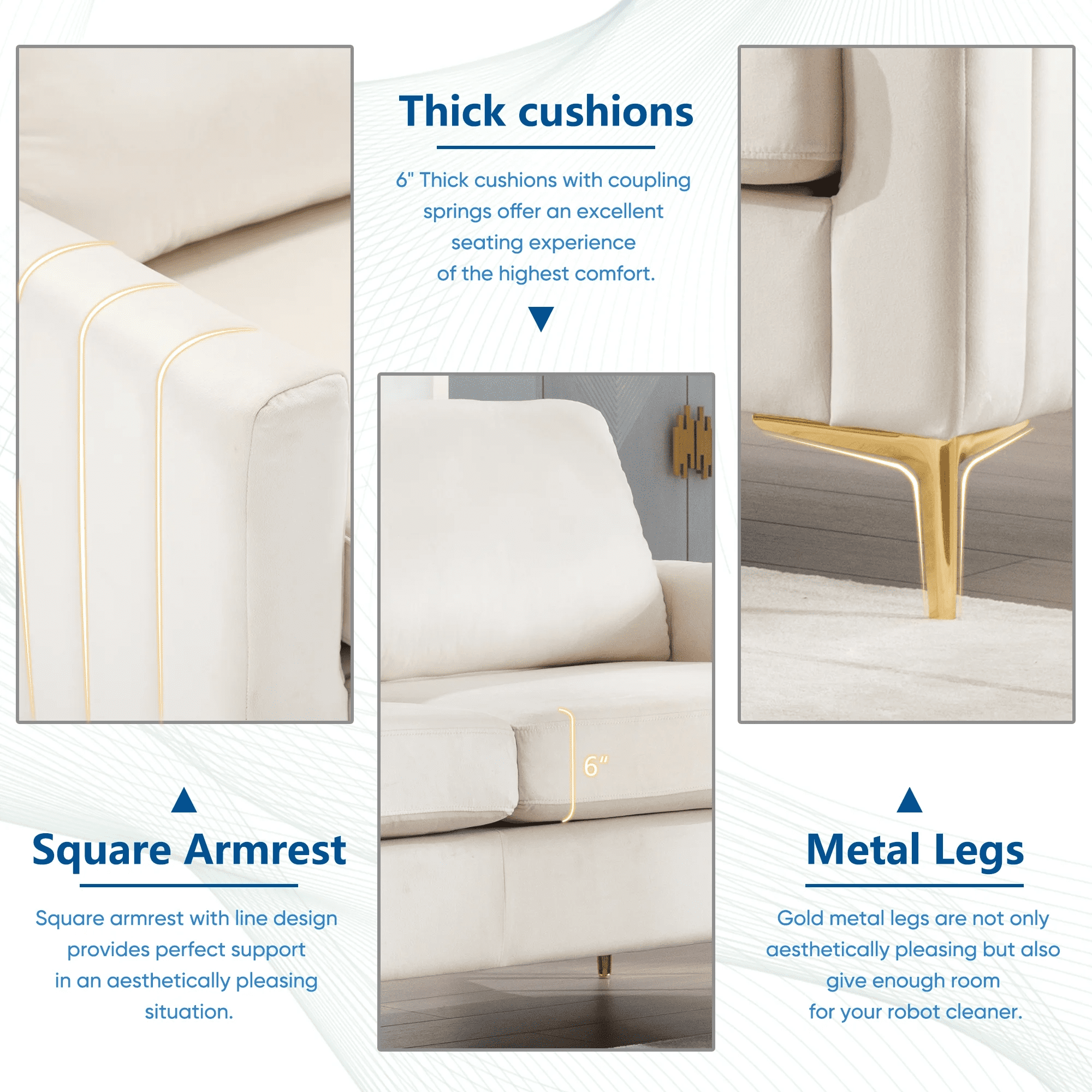 Muumblus 3 Pieces Velvet Living Room Furniture Sets, Modern Two Single Sofa Chairs and One 3-Seater Sofa Couch, Beige