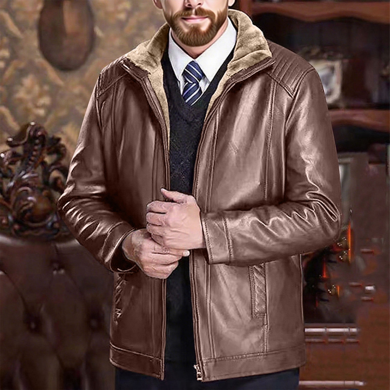 LWITHSZG Faux Leather Jacket Men Motorcycle Trendy Winter Coats Long Sleeve Going Out Tops Thickened Warm Fleece Lined Casual Outerwear with Pockets