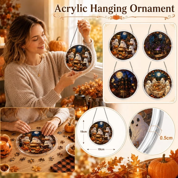 Halloween Ghost Tea Party Suncatcher, 8 Inch Round Acrylic Window Hanging, Fall Themed Ghost Wall Decor for Home Porch Living Room Halloween Holiday Decoration