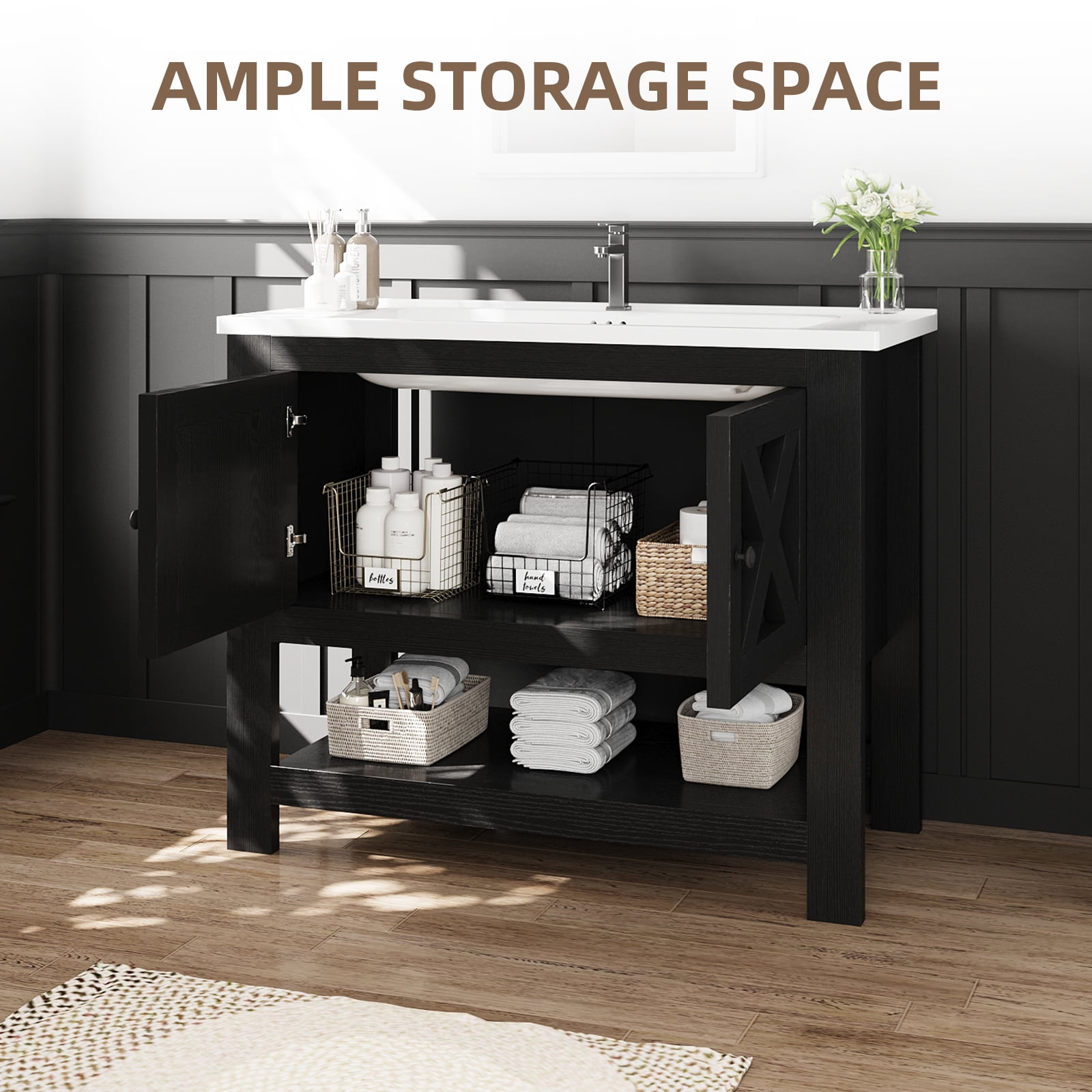 DreamCurship Bathroom Vanity with Sink Combo, 35'' Bathroom Storage Cabinet with Storage, Farmhouse Bathroom Vanity Cabinet with 2 Doors and Open Shelf, Black