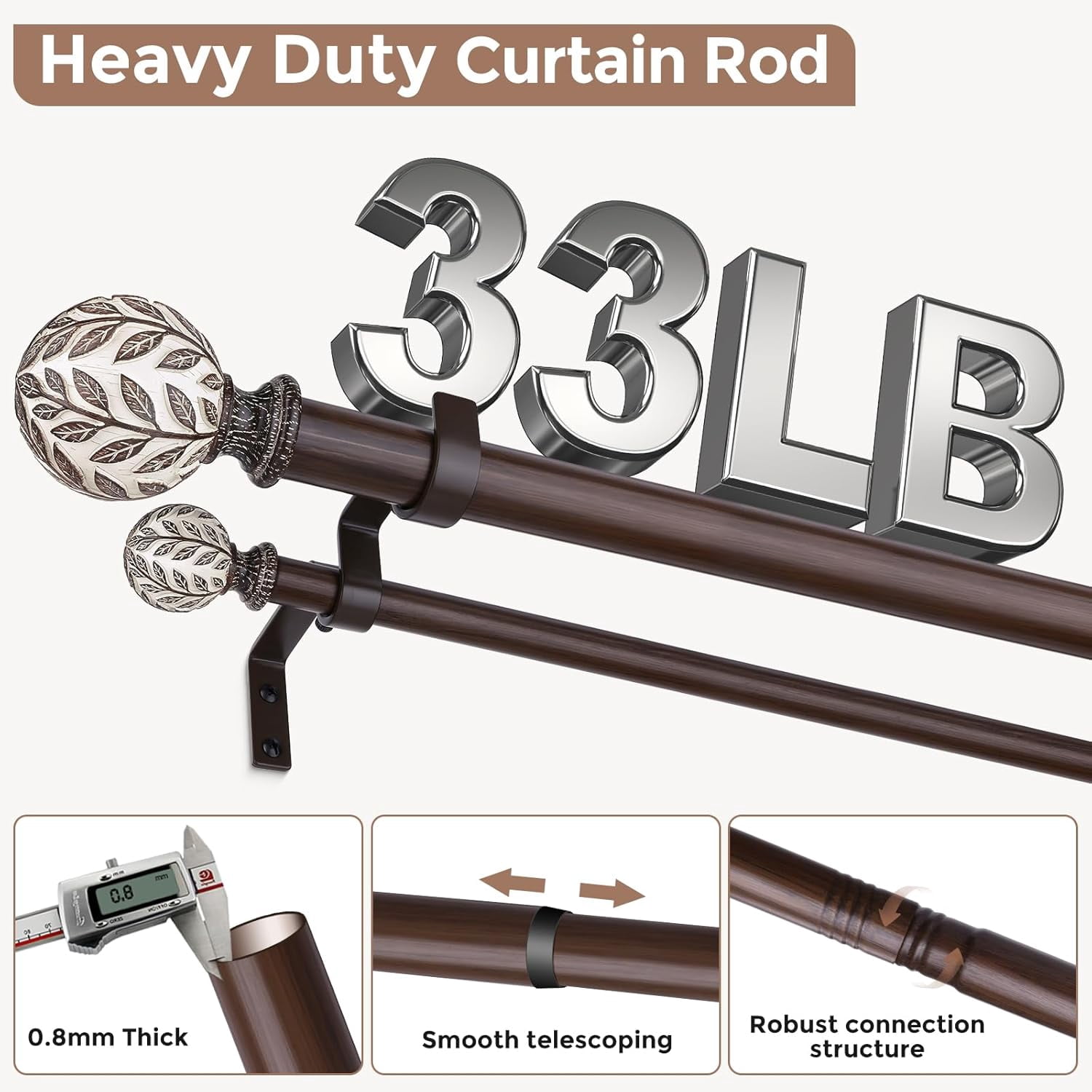 Walnut Wood Double Curtain Rod 36-184 Inch, Boho Decorative Extra Long Dual Curtain Rods for Windows, 1 Inch Adjustable Heavy Duty Double Rod with Handmade Imitation Wood Grain Leaf Finials