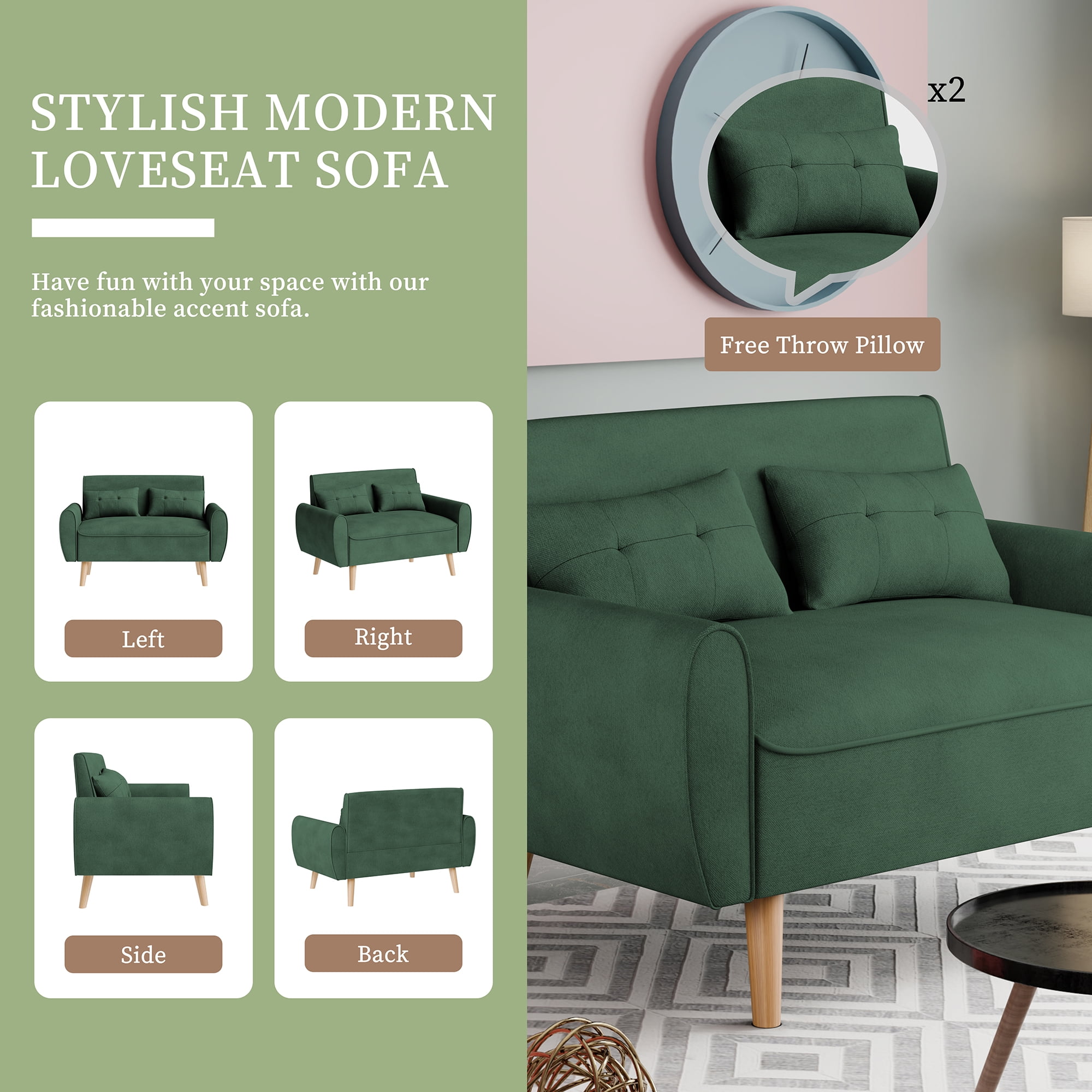 Sobaniilo 47" Small Modern Loveseat Sofa, Mid Century Linen Fabric 2-Seat Sofa Couch Tufted Love Seat with Back Cushions and Tapered Wood Legs for Living Room, Bedroom and Small Space (Green)