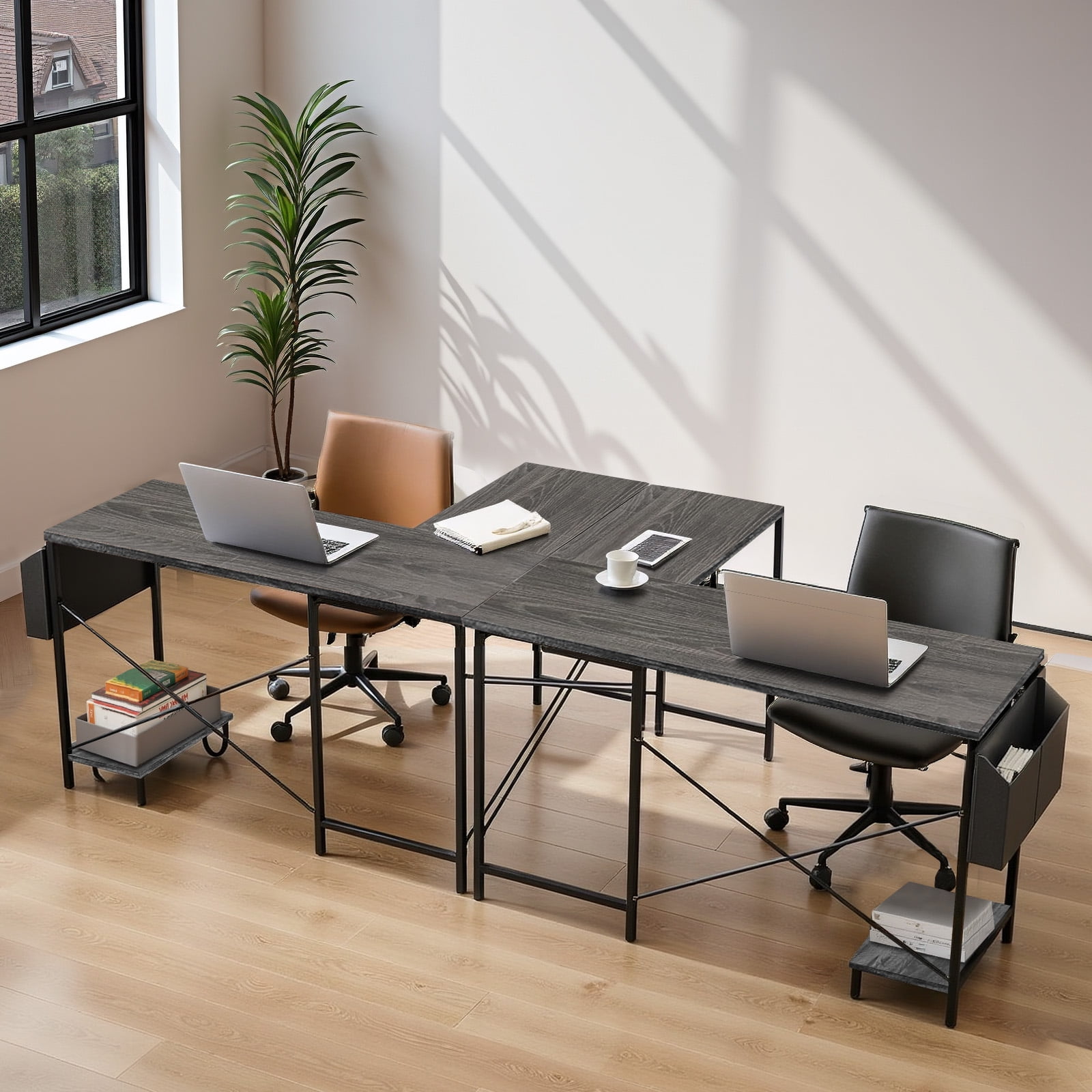 L Shaped Gaming Desk, 50 Inch Reversible Corner PC Work Table for Writing Study, Wood Tabletop and Metal Frame, CPU Stand Side Bag for Home Office Small Space, Gray