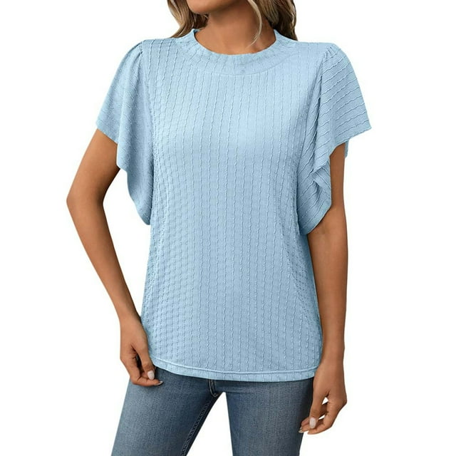 Gtoiithly T-Shirts pour Femmes Grande Taille Hauts pour Femmes Grande Taille Chic Décontracté T-Shirt Texturé à Col Rond à Manches Volantées pour Tenue Décontractée Bleu Pâle L