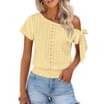 thumbnail image 2 of Miluxas Women's Trendy One Shoulder Blouse - Eyelet Lock Knit Short Sleeve Top with Bow Tie Smocked Hem Solid Tunic Shirts Summer Beach Outfits Yellow, 2 of 9