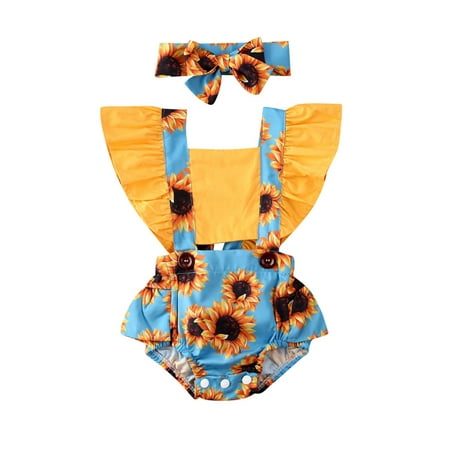 

Zukuco Infant Baby Girls Clothes Sunflower Print Bodysuit Romper Infant Headband Newborn Baby Girl Outfits Set