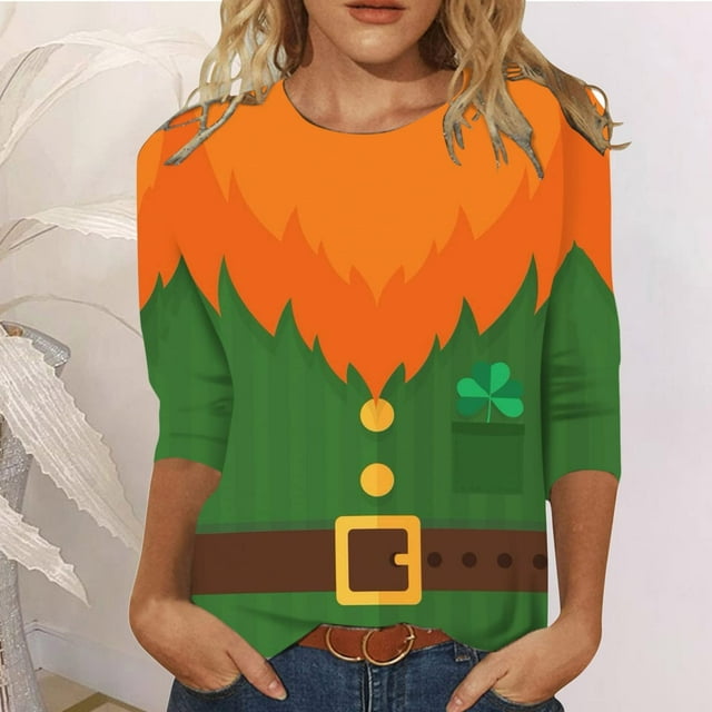 Hauts pour Femmes Décontractés d'Été Mode Féminine T-shirt Imprimé pour la Saint-Patrick Manches 3/4 Blouse Col Rond Hauts Décontractés Blouse d'Été en Liquidation